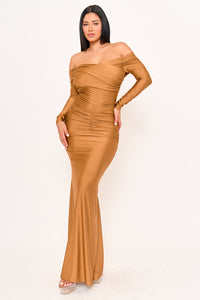 PLEATED DETAILS ON STRETCH SATIN MERMAID MAXI DRESS