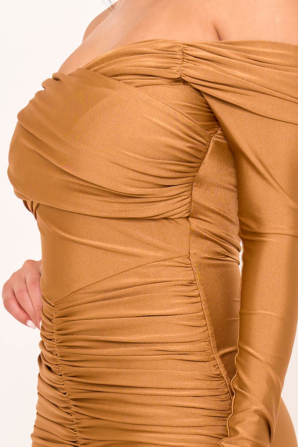 PLEATED DETAILS ON STRETCH SATIN MERMAID MAXI DRESS