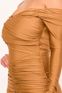 PLEATED DETAILS ON STRETCH SATIN MERMAID MAXI DRESS