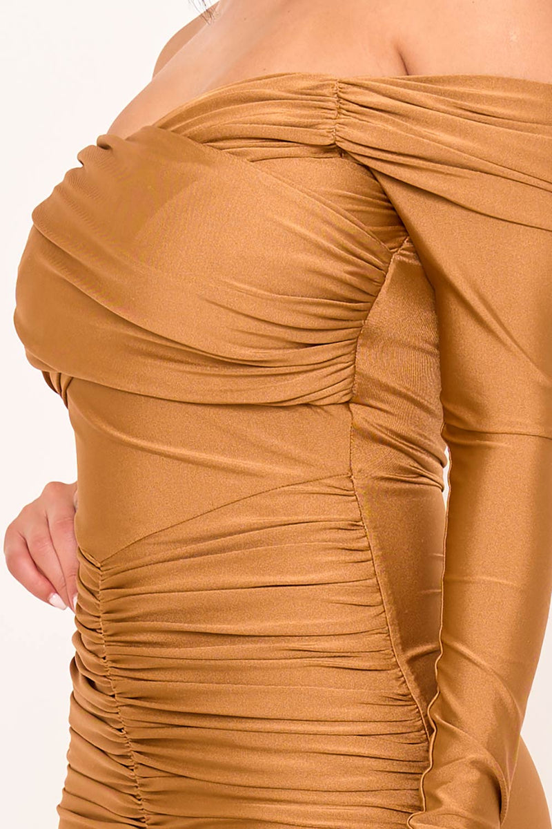 PLEATED DETAILS ON STRETCH SATIN MERMAID MAXI DRESS