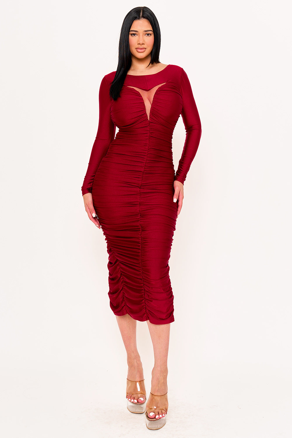 SATIN V SHAPE CUTOUT FRONT MAXI DRESS