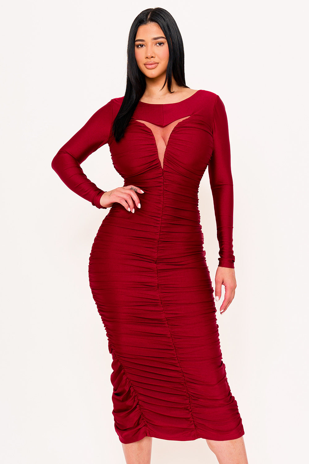 SATIN V SHAPE CUTOUT FRONT MAXI DRESS