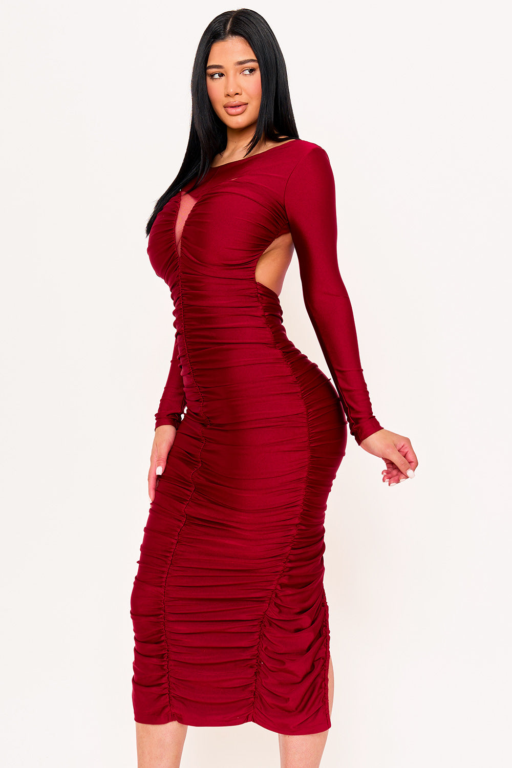 SATIN V SHAPE CUTOUT FRONT MAXI DRESS