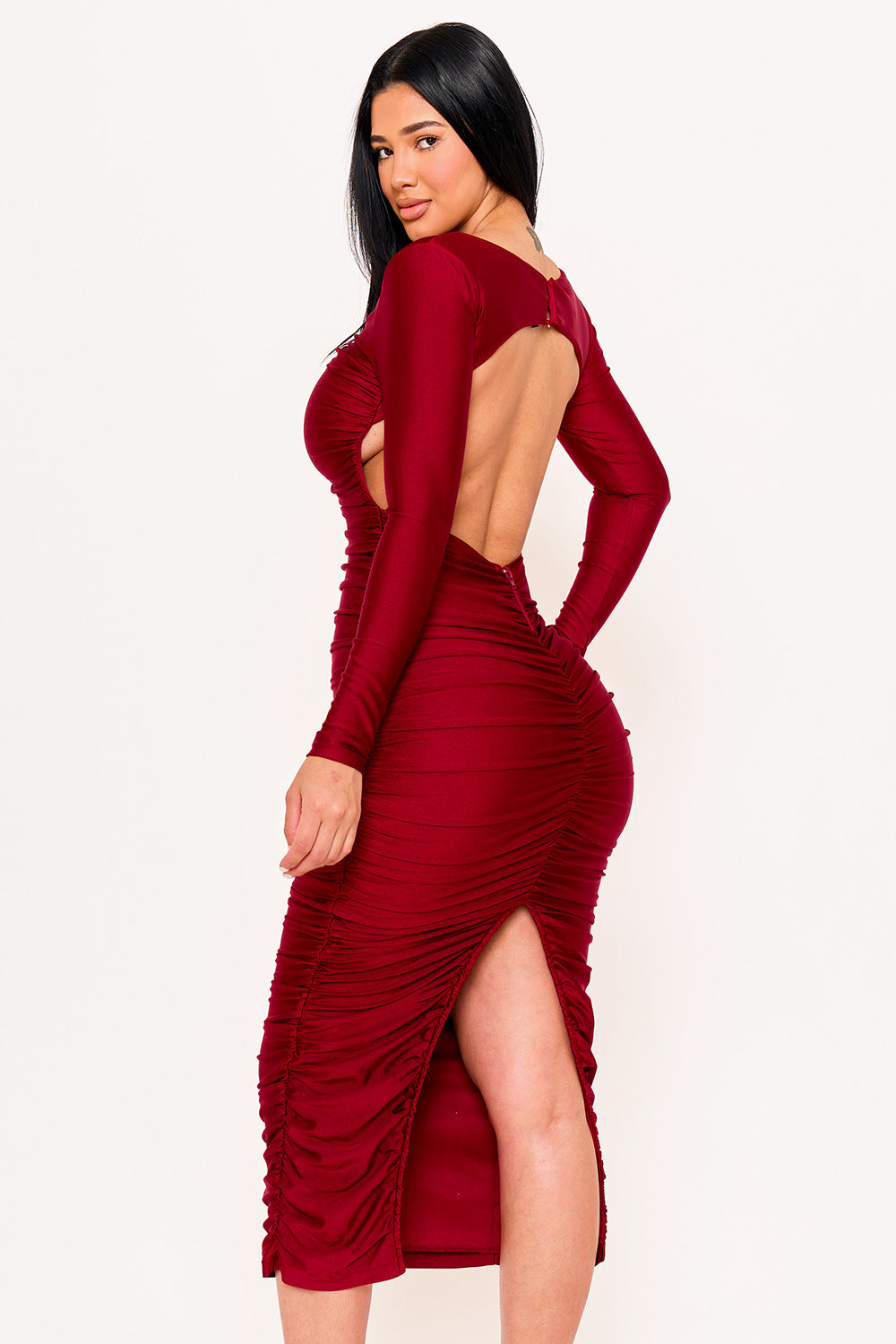 SATIN V SHAPE CUTOUT FRONT MAXI DRESS