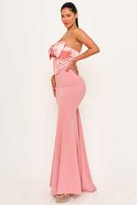 SATIN BOW BRA TOP WITH CONTRAST FABRIC MAXI DRESS