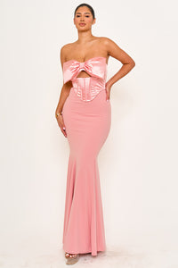 SATIN BOW BRA TOP WITH CONTRAST FABRIC MAXI DRESS