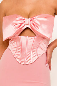 SATIN BOW BRA TOP WITH CONTRAST FABRIC MAXI DRESS