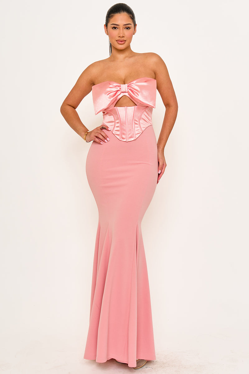 SATIN BOW BRA TOP WITH CONTRAST FABRIC MAXI DRESS