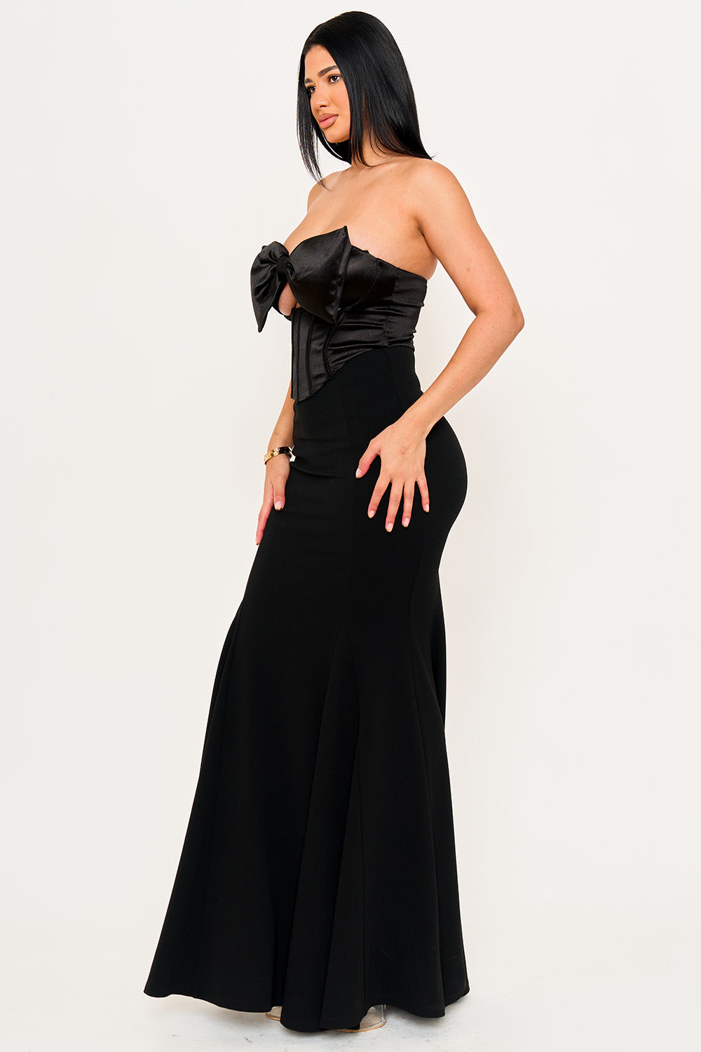 SATIN BOW BRA TOP WITH CONTRAST FABRIC MAXI DRESS