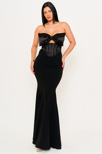 SATIN BOW BRA TOP WITH CONTRAST FABRIC MAXI DRESS