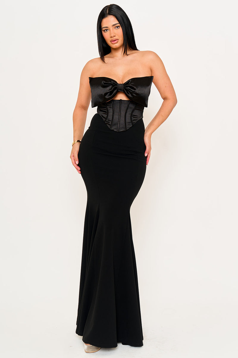SATIN BOW BRA TOP WITH CONTRAST FABRIC MAXI DRESS