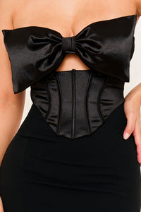 SATIN BOW BRA TOP WITH CONTRAST FABRIC MAXI DRESS