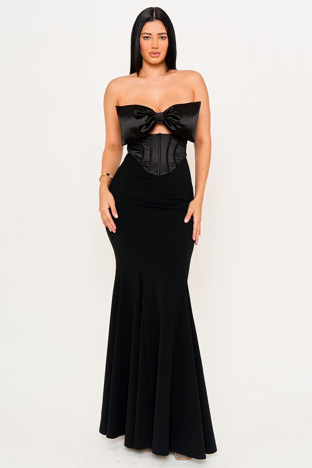 SATIN BOW BRA TOP WITH CONTRAST FABRIC MAXI DRESS