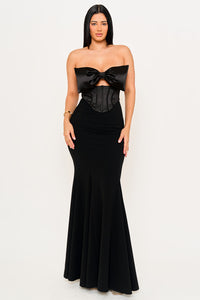 SATIN BOW BRA TOP WITH CONTRAST FABRIC MAXI DRESS