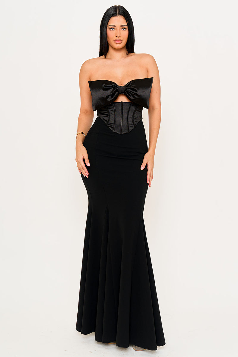SATIN BOW BRA TOP WITH CONTRAST FABRIC MAXI DRESS