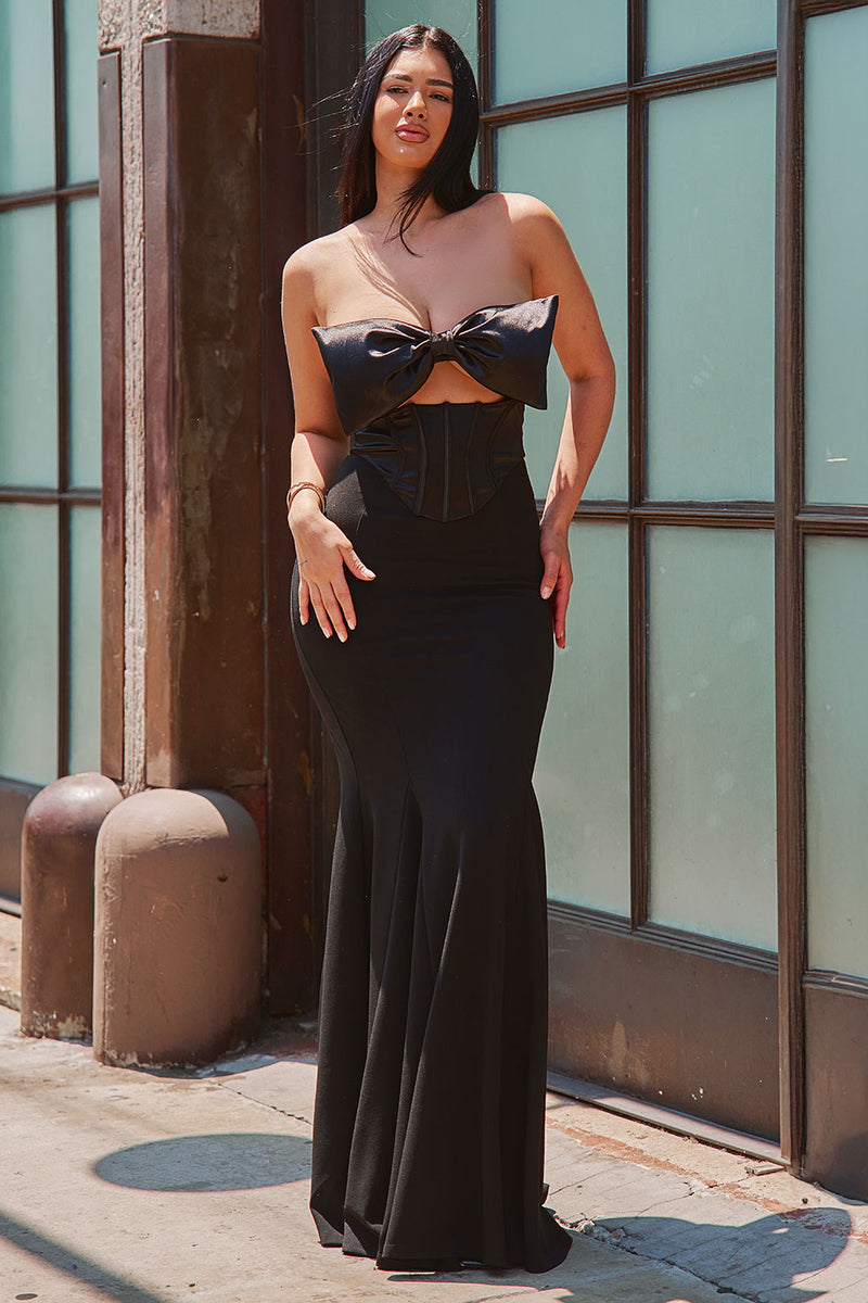 SATIN BOW BRA TOP WITH CONTRAST FABRIC MAXI DRESS