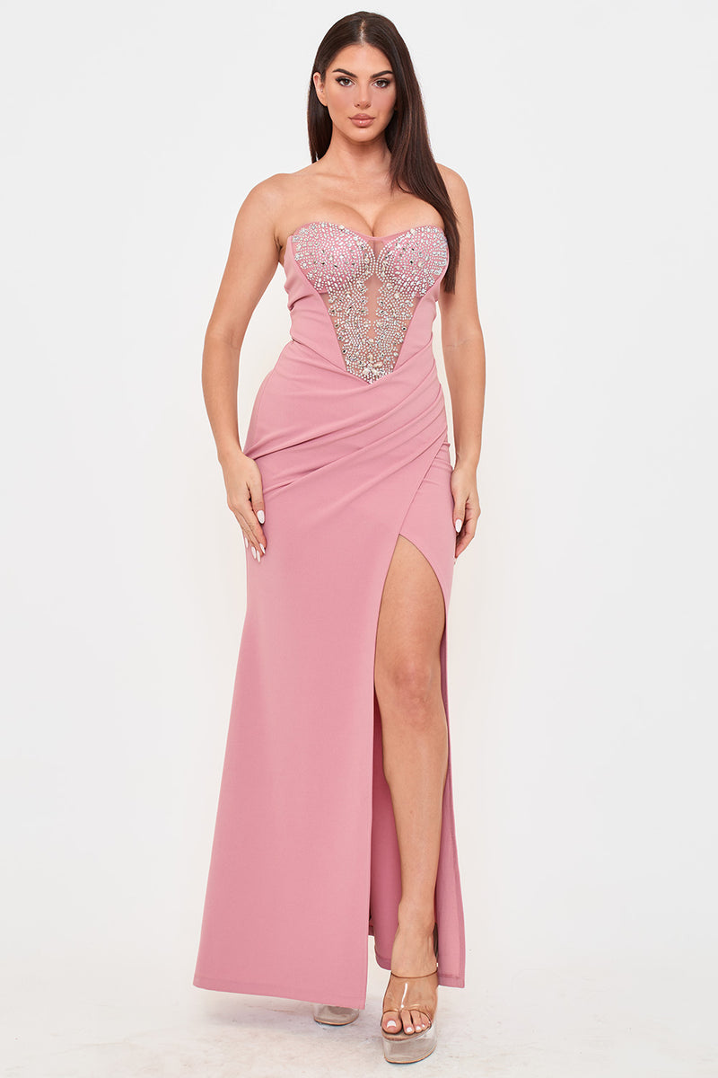 RHINESTONE BUSTIER TOP WITH MERMAID LIKE MAXI DRESS