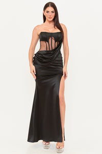 SATIN WITH MESH PANELED MAXI DRESS