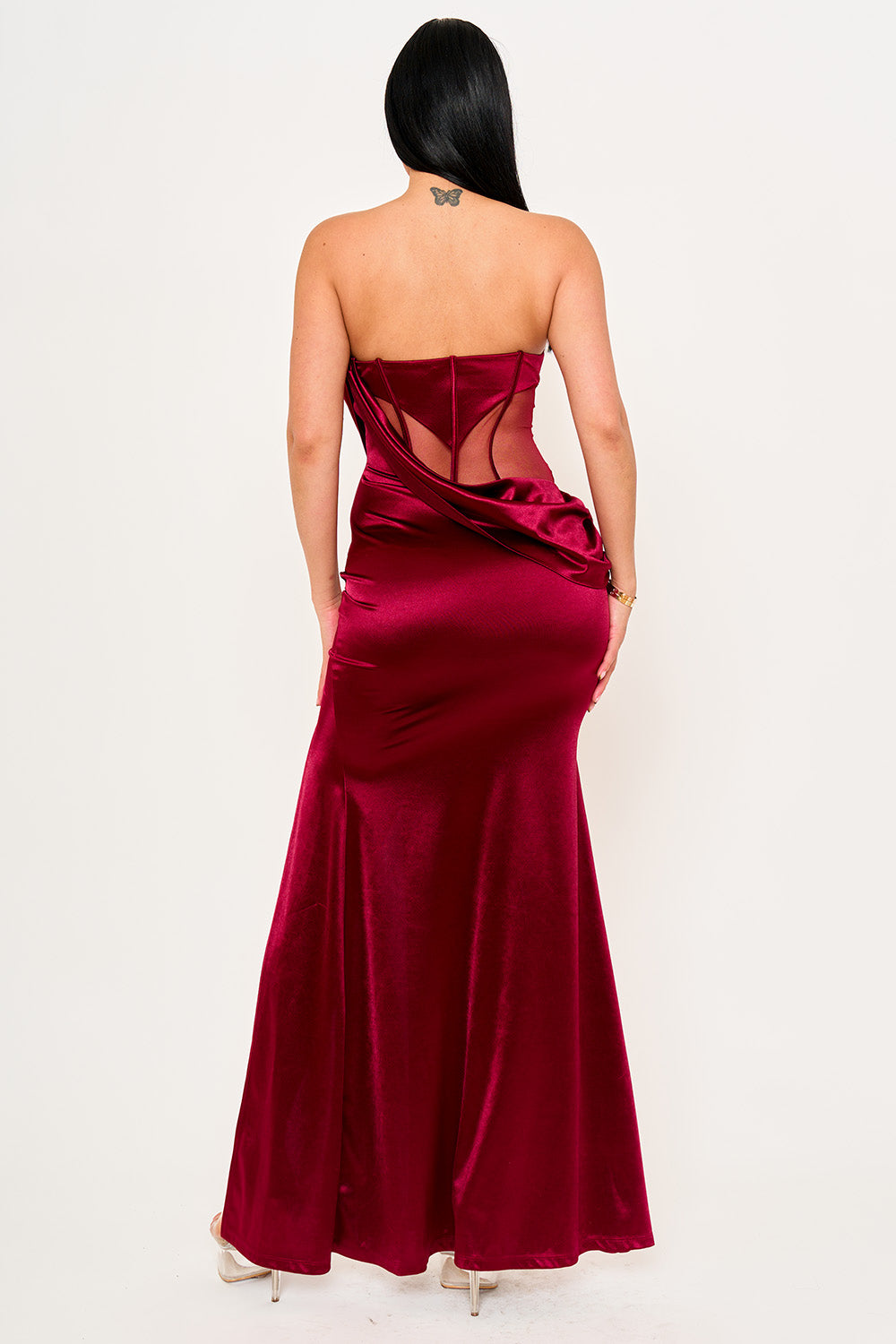 SATIN WITH MESH PANELED MAXI DRESS