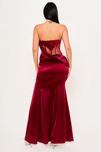 SATIN WITH MESH PANELED MAXI DRESS