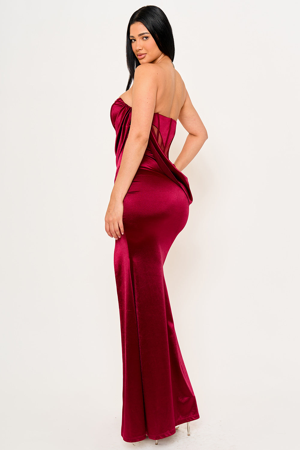 SATIN WITH MESH PANELED MAXI DRESS