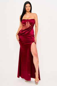 SATIN WITH MESH PANELED MAXI DRESS