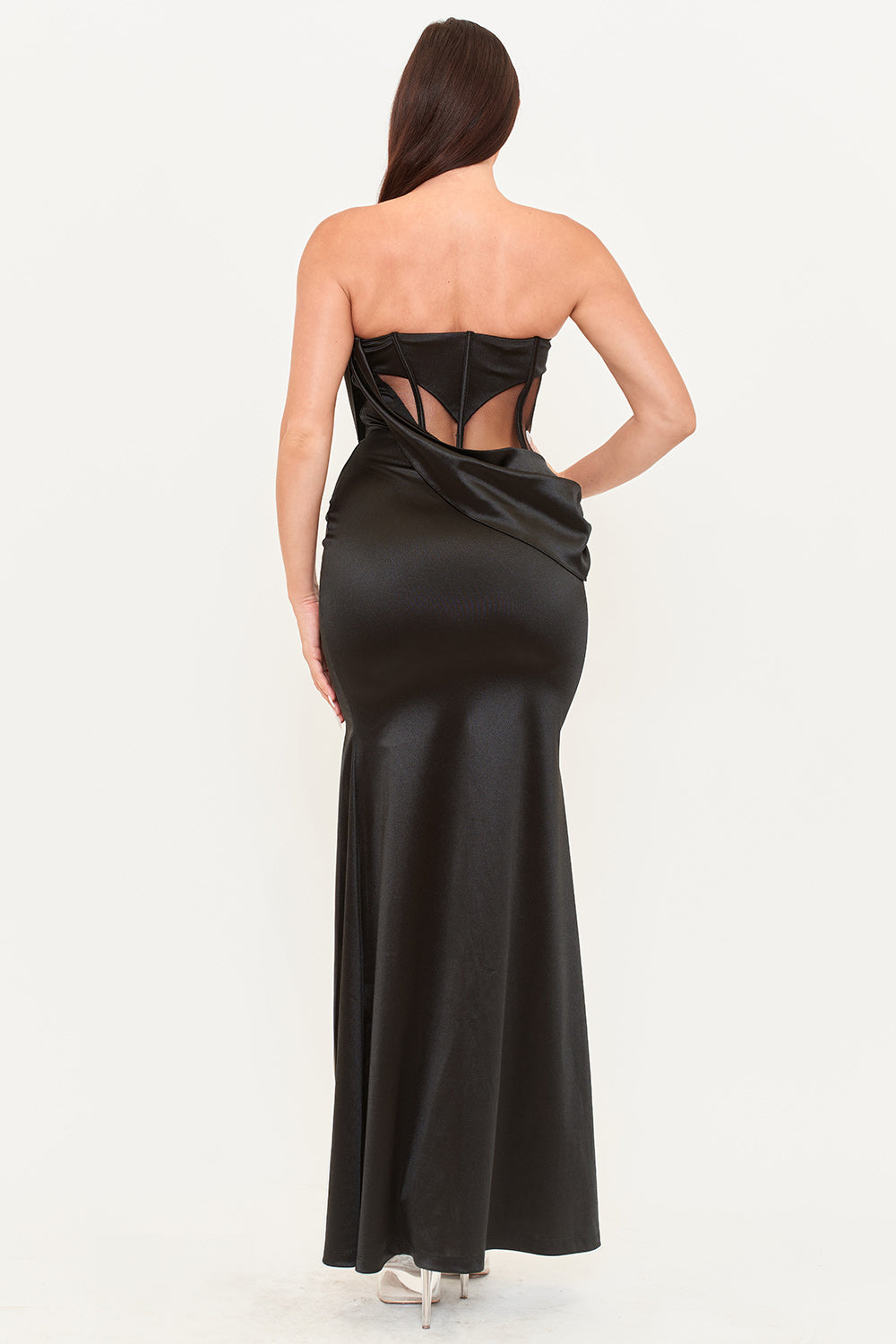 SATIN WITH MESH PANELED MAXI DRESS