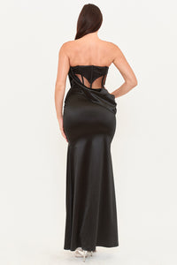 SATIN WITH MESH PANELED MAXI DRESS