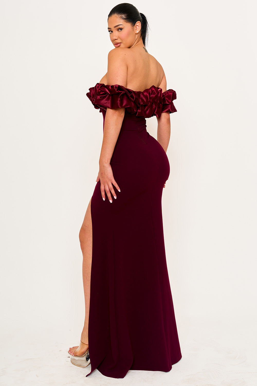 SATIN RUFFLE ON SHOULDER MAXI DRESS