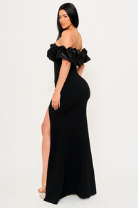SATIN RUFFLE ON SHOULDER MAXI DRESS