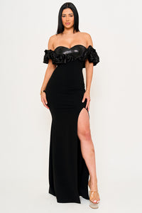 SATIN RUFFLE ON SHOULDER MAXI DRESS