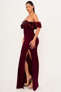 SATIN RUFFLE ON SHOULDER MAXI DRESS