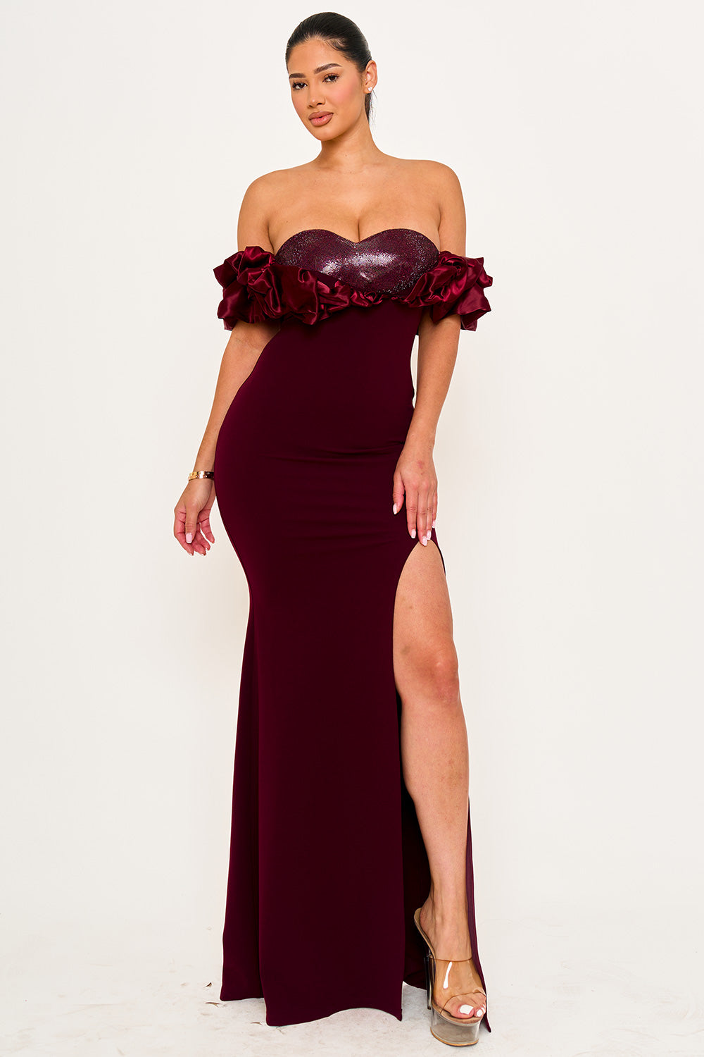 SATIN RUFFLE ON SHOULDER MAXI DRESS
