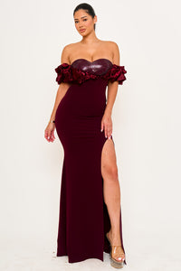 SATIN RUFFLE ON SHOULDER MAXI DRESS