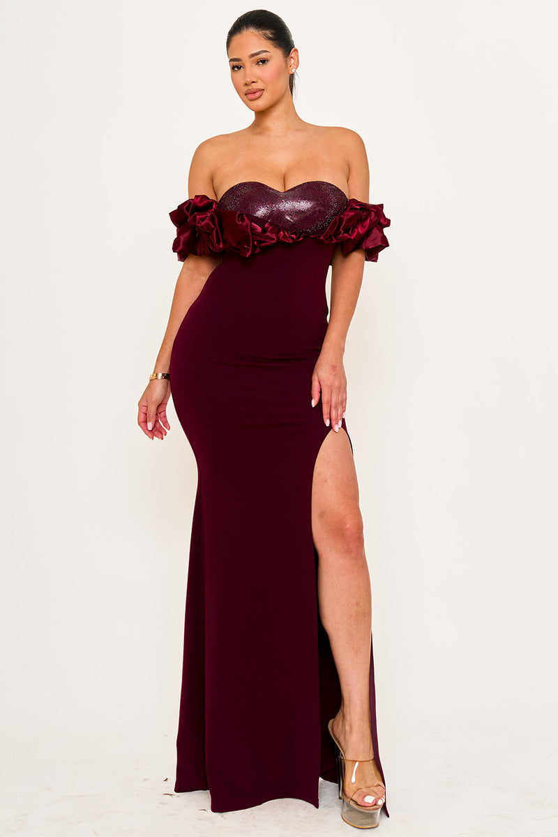 SATIN RUFFLE ON SHOULDER MAXI DRESS