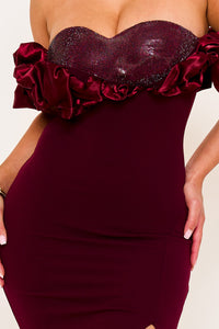 SATIN RUFFLE ON SHOULDER MAXI DRESS