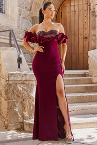 SATIN RUFFLE ON SHOULDER MAXI DRESS