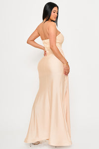 LACED CORSET ON SATIN MAXI DRESS