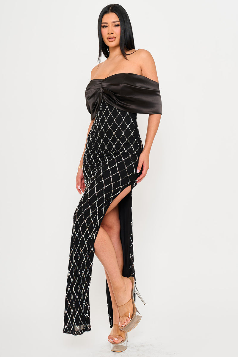 DIAMOND PATTERNED RHINESTONE MAXI DRESS