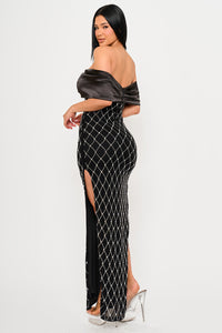 DIAMOND PATTERNED RHINESTONE MAXI DRESS