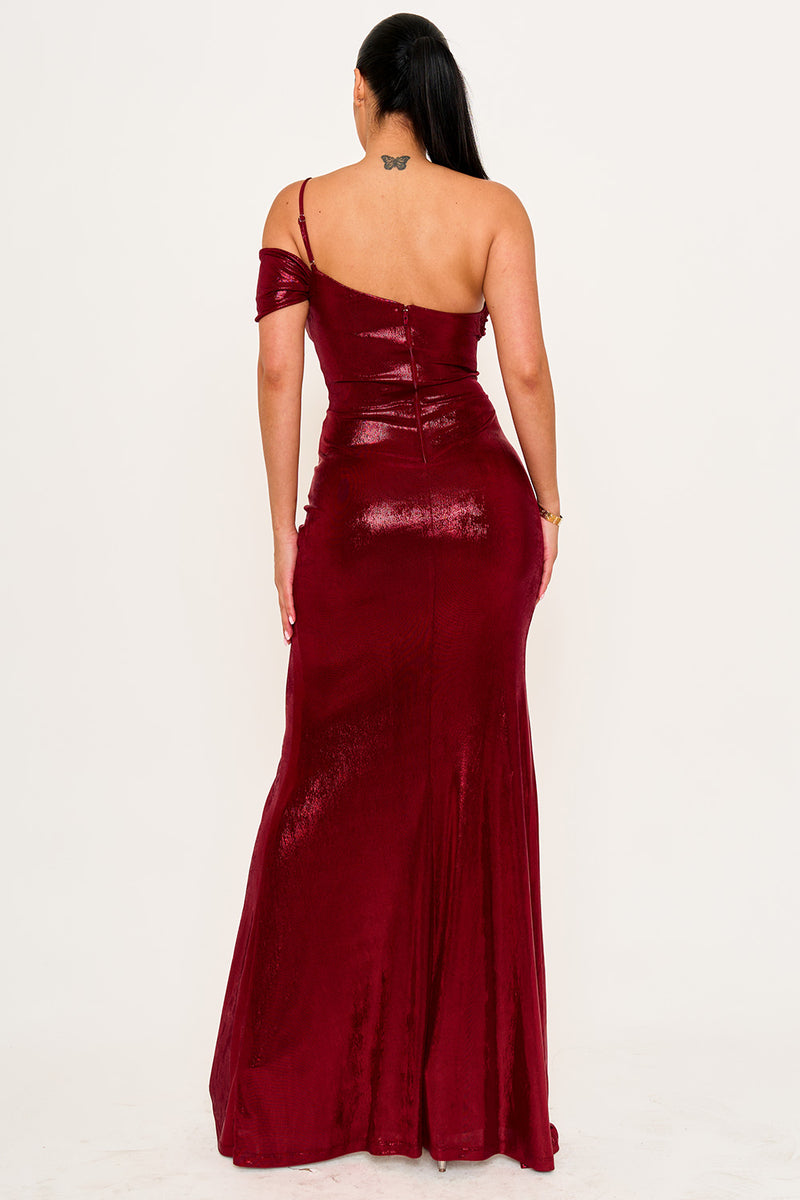 FAUX PEARL BEADED ON FOIL MAXI DRESS