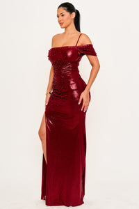 FAUX PEARL BEADED ON FOIL MAXI DRESS