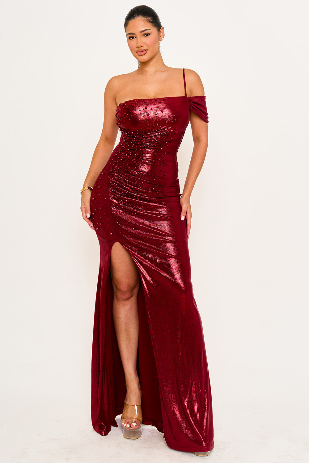 FAUX PEARL BEADED ON FOIL MAXI DRESS