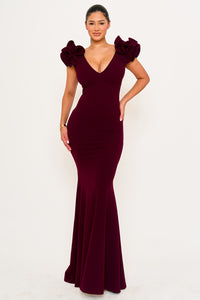 TECHNO CREPE RUFFLE DETAIL MAXI DRESS