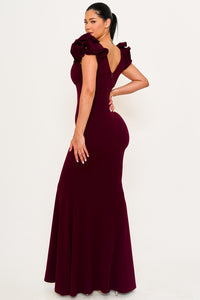 TECHNO CREPE RUFFLE DETAIL MAXI DRESS