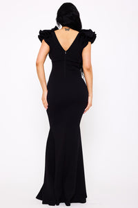 TECHNO CREPE RUFFLE DETAIL MAXI DRESS