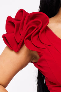 TECHNO CREPE RUFFLE DETAIL MAXI DRESS