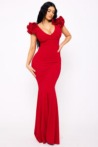 TECHNO CREPE RUFFLE DETAIL MAXI DRESS