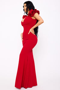 TECHNO CREPE RUFFLE DETAIL MAXI DRESS