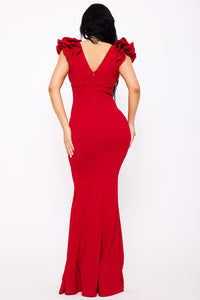 TECHNO CREPE RUFFLE DETAIL MAXI DRESS